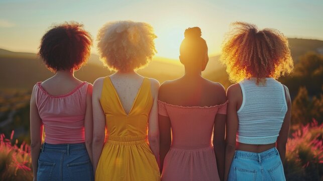 Grupo de amigas de diferentes etnias, concepto de diversidad y razas en el ser humano.