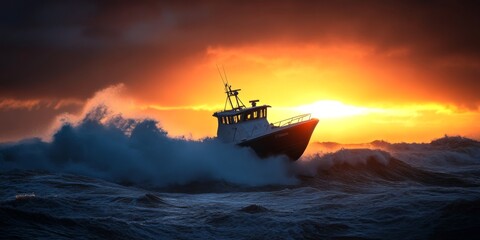 A dramatic sunset over a rocky ocean. A fishing boat battles powerful waves under a colorful sky. This photo captures the struggle and beauty of nature. Perfect for inspiring artwork. AI