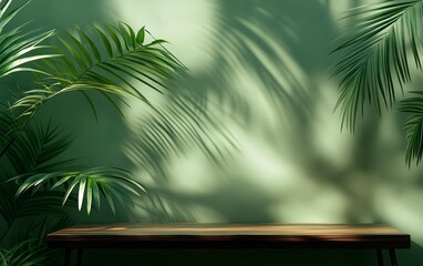 Fototapeta premium Abstract green background with shadow of palm leaves on the wall, empty table for product presentation,