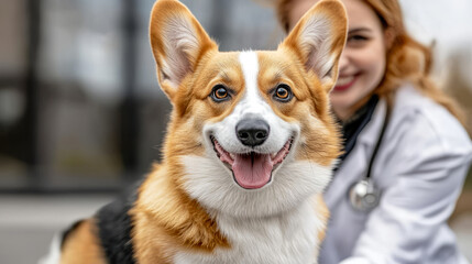 Close-up portrait of a corgi dog with a female veterinarian in the clinic, 