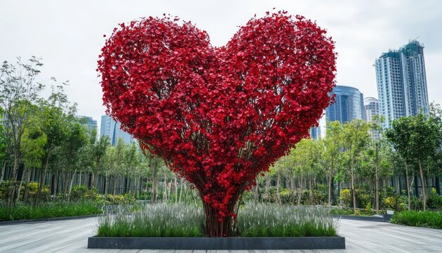 Tree shaped like a red heart, symbolizing love and natural beauty