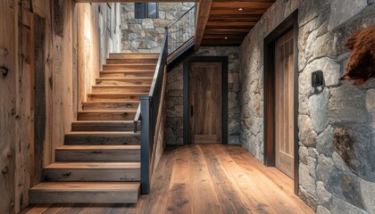 Rustic hallway featuring a wooden staircase and stone-clad wall, with a welcoming entrance door that adds to the cozy atmosphere