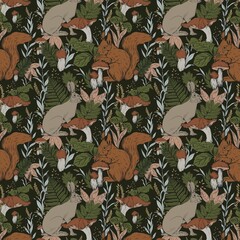 seamless pattern with forest animals hare squirrel mushrooms leaves children's wallpaper