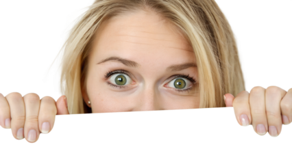 A blonde woman with vibrant green eyes peeks over a white surface, her expression showing curiosity and surprise, transparent background, png