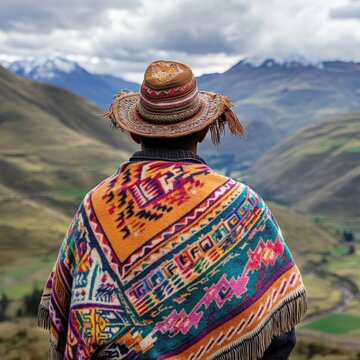 A man from the Quechua people wearing a colorful handwoven poncho with traditional geometric patterns
