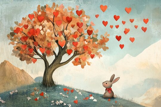 A tree adorned with heart-shaped leaves, complemented by a bunny for a whimsical Valentinea??s or spring holiday card