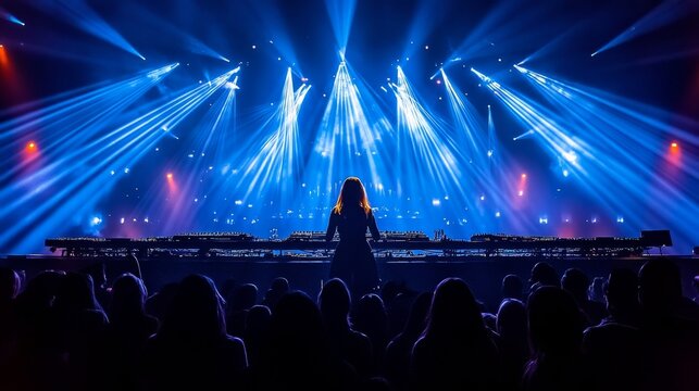 Dj actuando en una macro fiesta, espect&aacute;culo gigante lleno de luces y fans.