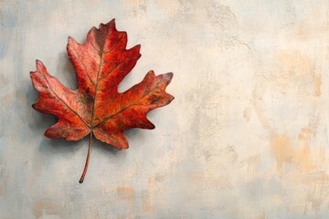 Obraz premium A single, dried red maple leaf rests on a textured, light beige background.