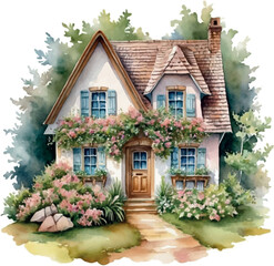 Fototapeta premium Watercolor Provance House with Flowers.