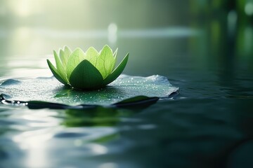 Serene green lotus flower blossoms gently on a calm, sunlit water surface.