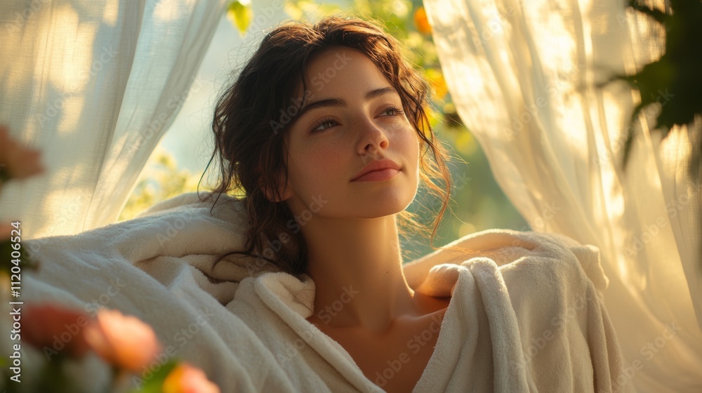 Aufkleber a young woman enjoys a moment of peace while wrapped in a soft robe, basking in warm light. fresh fl