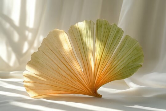Dried ginkgo leaf, fan-shaped, rests on white fabric, sunlit. - Powered by Adobe
