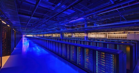 Fototapeta premium Rows of servers in a modern data center lit with blue lights.