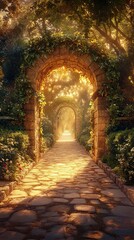 Fototapeta premium Serenity walk through a sunlit garden archway in spring