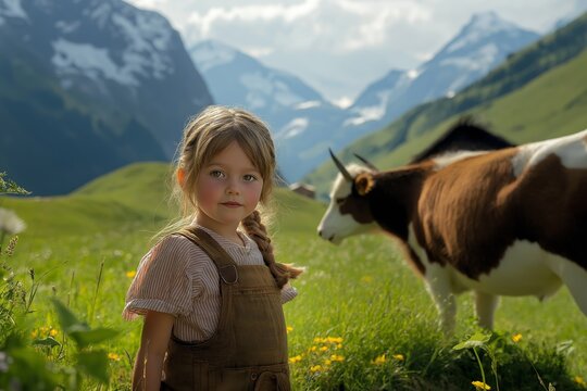 Heidi exploring the Alpine meadows with a cow in the background