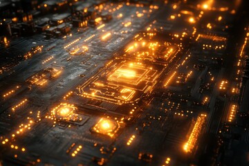 A close-up view of a futuristic circuit board with glowing elements.