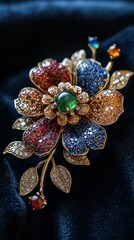 Fototapeta premium Beautiful flower brooch with multicolored stones and intricate design