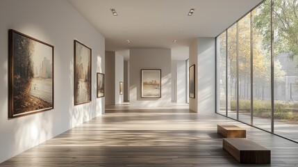 Obraz premium Bright sunlight filters through expansive windows, illuminating elegant paintings displayed on gallery walls