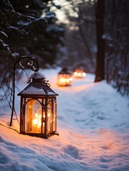 Enchanted Winter Forest Path with Lanterns