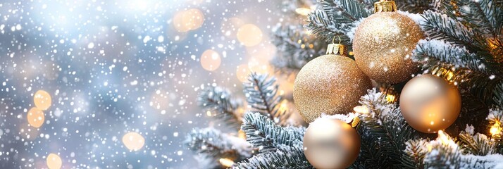 Festive Christmas Tree with Gold Ornaments and Snow