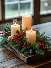Rustic Christmas Centerpiece with Candles and Greenery