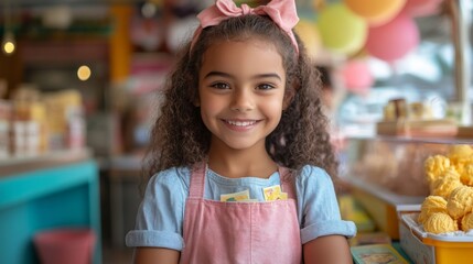 In a lively candy shop filled with colorful decorations, a young girl with curly hair and a pink bow beams with happiness as she proudly holds colorful cards in her hands.