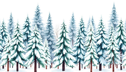 Obraz premium Seamless pattern with snow-covered trees in a forest hand drawn in watercolor isolated on a white background. Watercolor winter illustration. Christmas background, digital art
