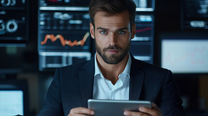 focused businessman analyzing data on tablet in modern office setting