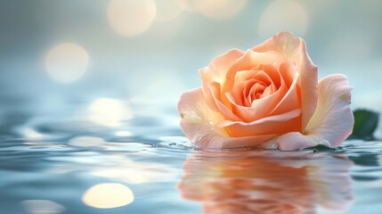 A single peach rose floats on the surface of calm water, surrounded by bokeh lights.
