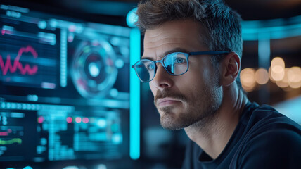 focused man analyzing data on futuristic digital screens in dimly lit workspace