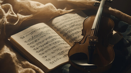 Fototapeta premium Classical music sheet notes elegantly displayed on a wooden stand, embodying the timeless beauty and intricate artistry of orchestral compositions.