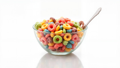 Bowl of colorful cereal with spoon on white background