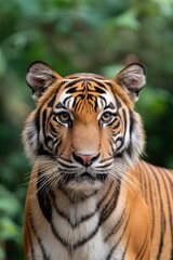 Fototapeta premium A tiger is staring at the camera with its eyes wide open. The tiger is standing in a lush green forest, surrounded by trees and foliage. Concept of curiosity and wonder