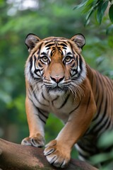 Naklejka premium A tiger is standing on a tree branch and looking at the camera. The tiger is the main focus of the image, and the tree branch serves as a natural background