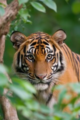Fototapeta premium A tiger is looking at the camera with its eyes wide open. The tiger is in a forest with green leaves and branches