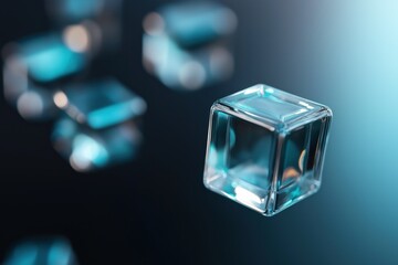 A cube is floating in the air with a blue background. The cube is made of clear glass and he is floating in midair