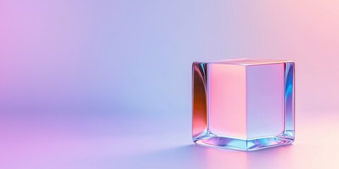 A cube made of glass sits on a white background. The cube is clear and has a shiny surface. The background is a light purple color, which gives the image a calm and serene mood