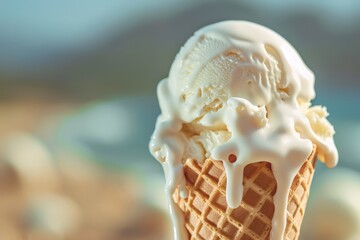 Creamy ice cream cone melting in the sun at a beach with blurred ocean and mountains in the background during a warm summer day