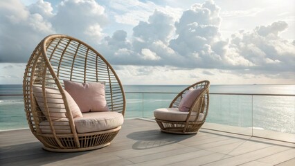 Obraz premium Curved rattan chairs enveloped in pastel cushions offer a perfect spot to sip refreshing beverages. Their open weave allows ocean breezes to flow through enhancing the coastal