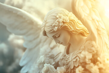 Fototapeta premium A beautifully detailed angel statue surrounded by soft light and flowers, symbolizing protection and peace
