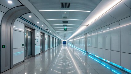 Fototapeta premium A futuristic hallway showcasing motionsensor lighting that activates as individuals approach enhancing safety and convenience.