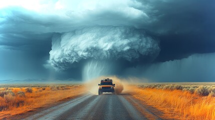Storm chaser vehicle speeds toward impending tornado during severe weather event