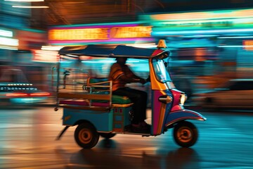 Colorful tuk-tuk navigates busy city street during evening rush hour in vibrant urban setting