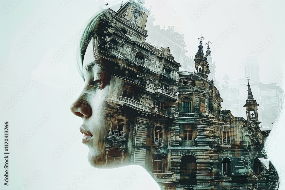 Poster complex interplay of human emotion and architectural beauty captured through creative double exposur