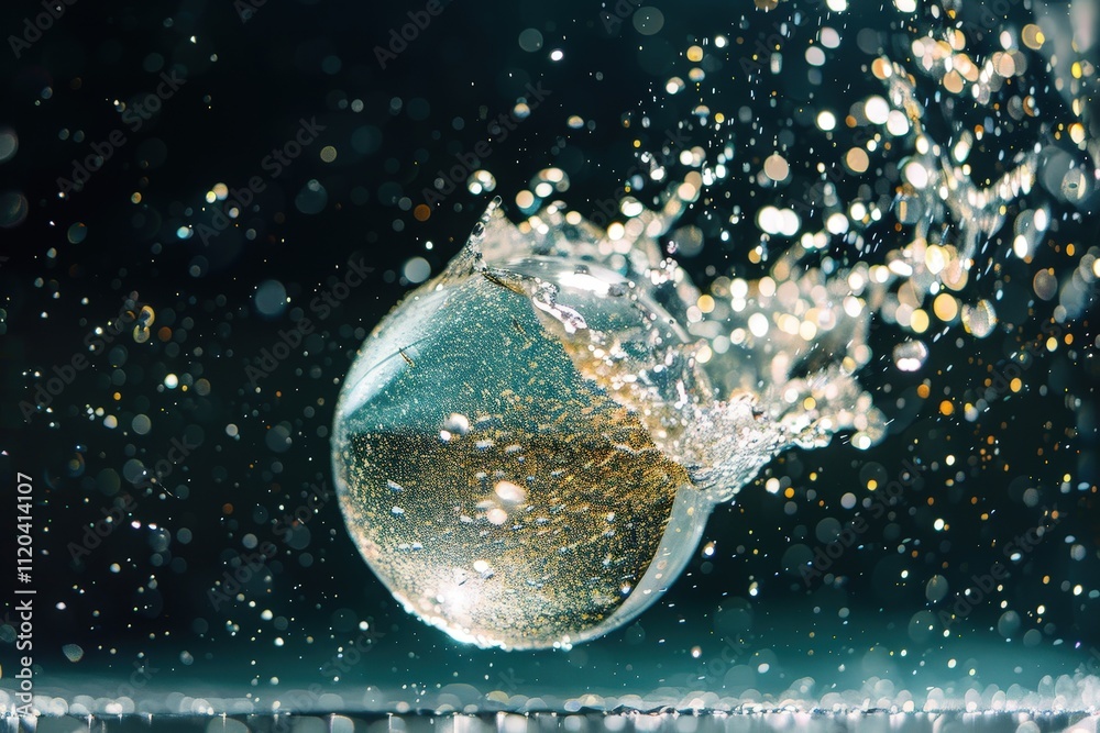 Poster Colorful bubble bursting with water droplets and shimmering glitter in a dark background creating a dynamic visual effect