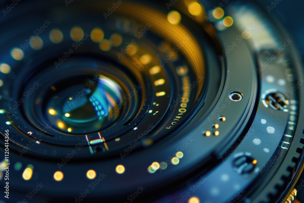 Poster close-up view capturing intricate details of a camera lens showcasing light reflections, textures, a