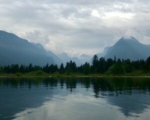 Mountain valley over a lake