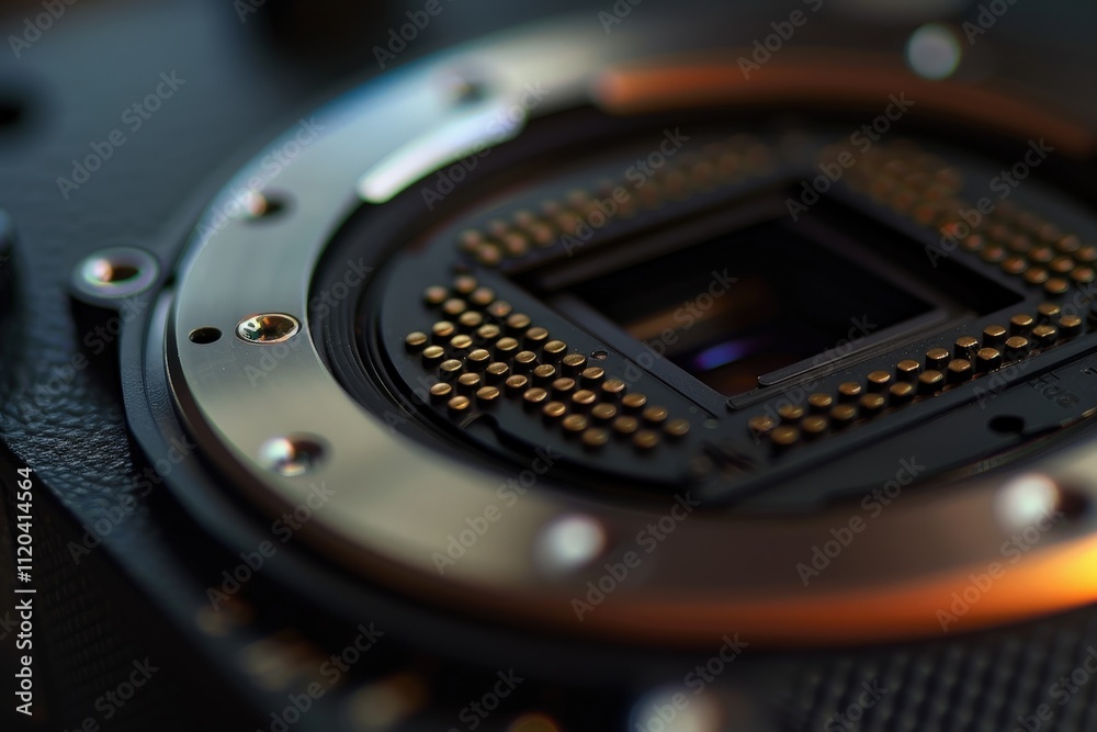 Poster close-up view capturing intricate details of a camera lens showcasing light reflections, textures, a