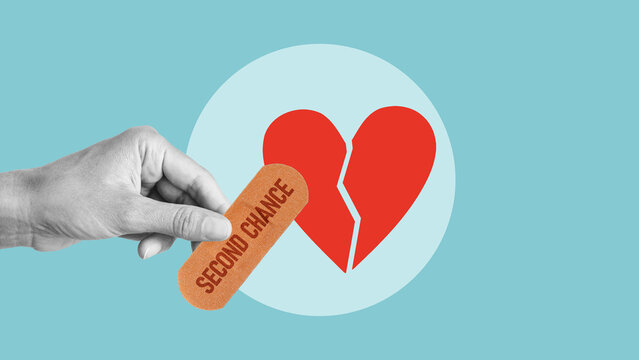 Second chance is shown using the text as the trying to connect unite join tie two parts of broken heart