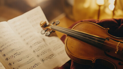 Fototapeta premium Classical music sheet notes elegantly displayed on a wooden stand, embodying the timeless beauty and intricate artistry of orchestral compositions.